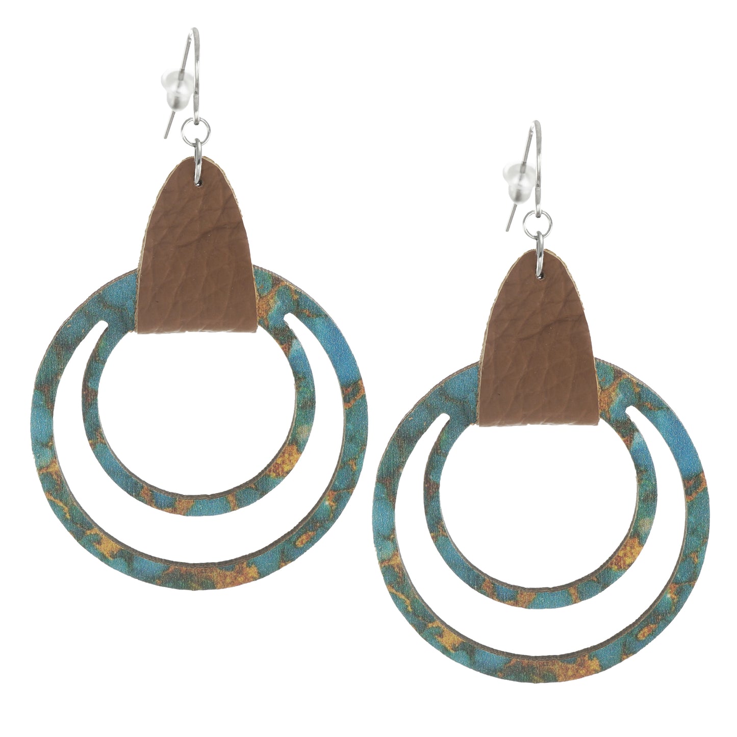 Lightweight Blue and Brown Vegan Leather Double Hoop Boho Statement Earrings, Hypoallergenic Platinum Ear Wires, Gift for Her