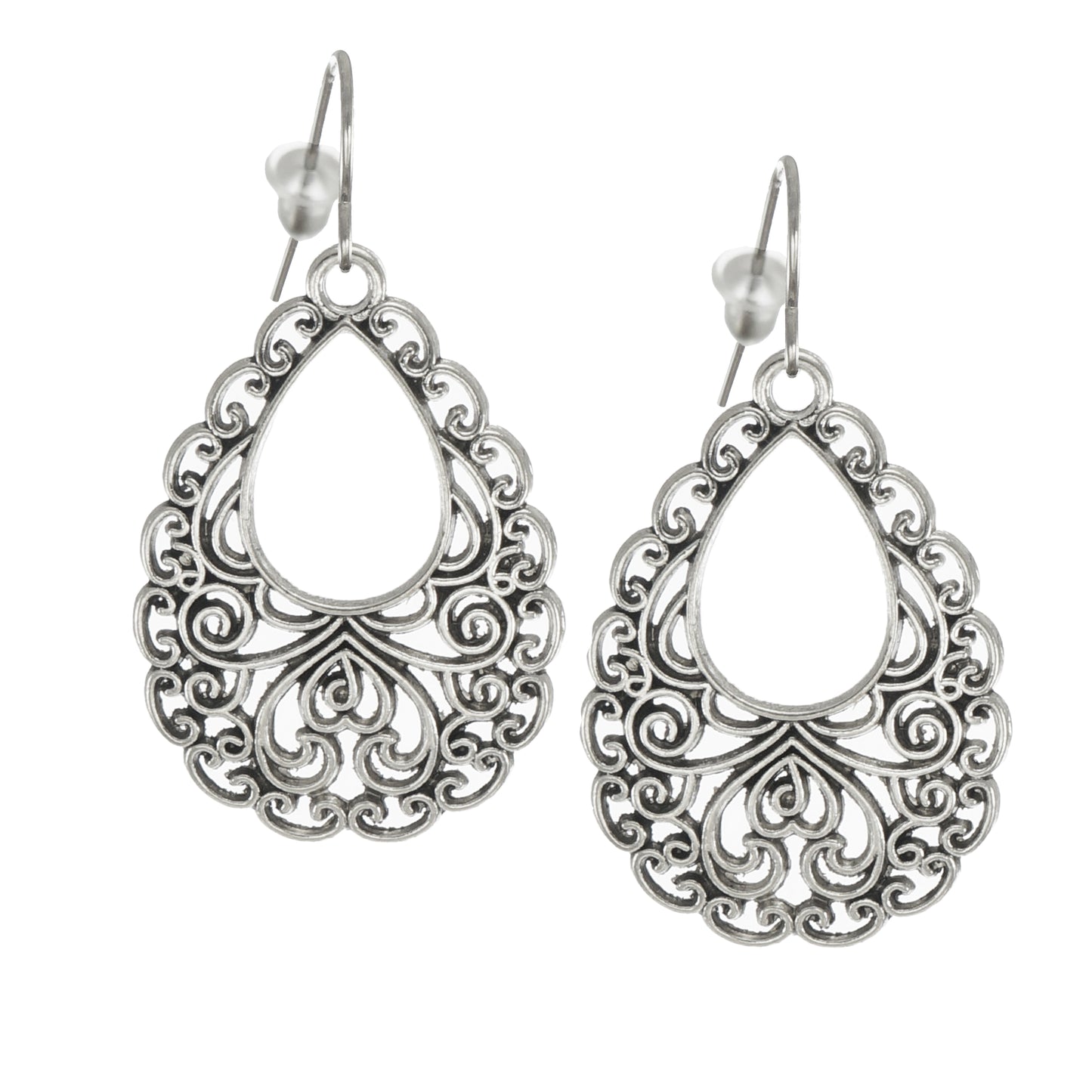 Antique Silver Filigree Teardrop Boho Droplet Dangle Earrings, Platinum Ear Wires, Gift for Her