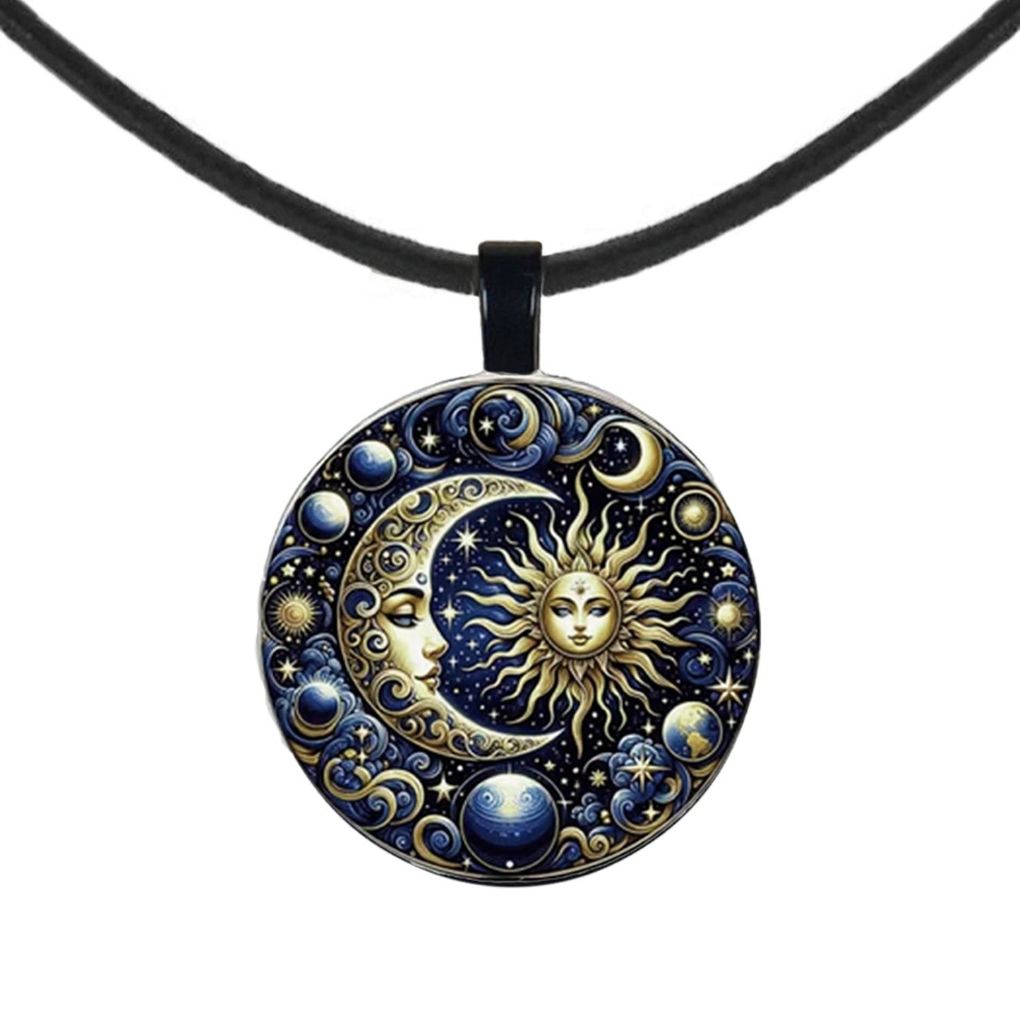 Blue Highly Detailed Sun Goddess & Moon Pendant Leather Cord Statement Necklace, Color and Length Choices
