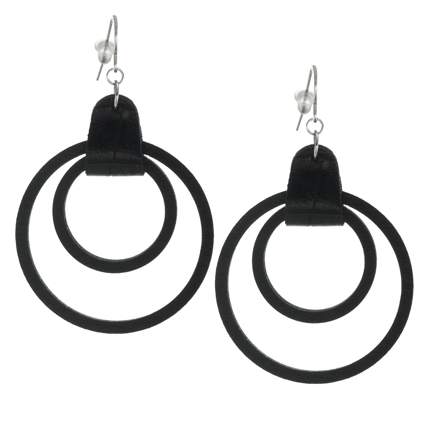 Double Wood Hoop & Vegan Leather Black Boho Statement Earrings, Hypoallergenic Platinum Ear Wires, Gift for Her