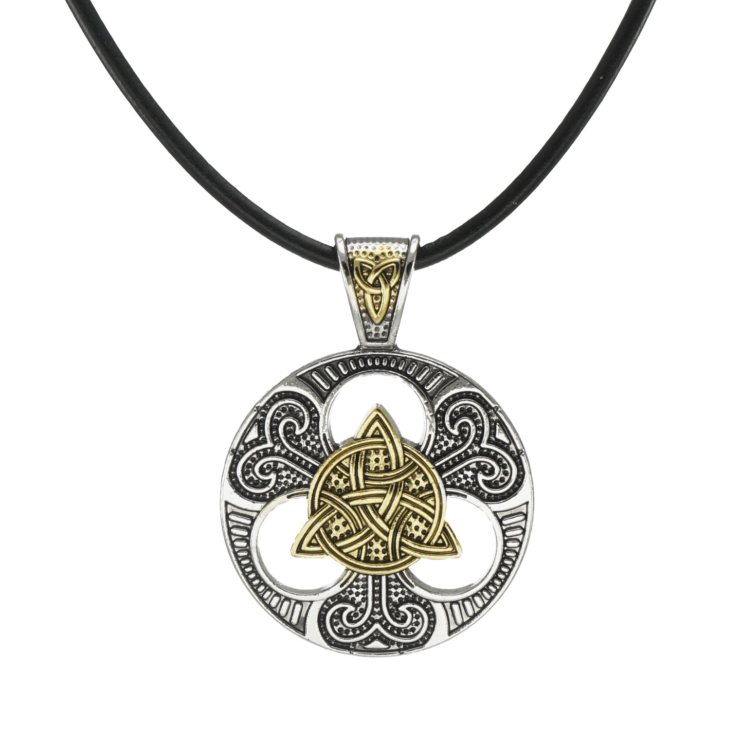 Gold & Silver Celtic Trinity Knot Statement Pendant Leather Cord Necklace on Black Greek Leather, Unisex Jewelry, Length Choices