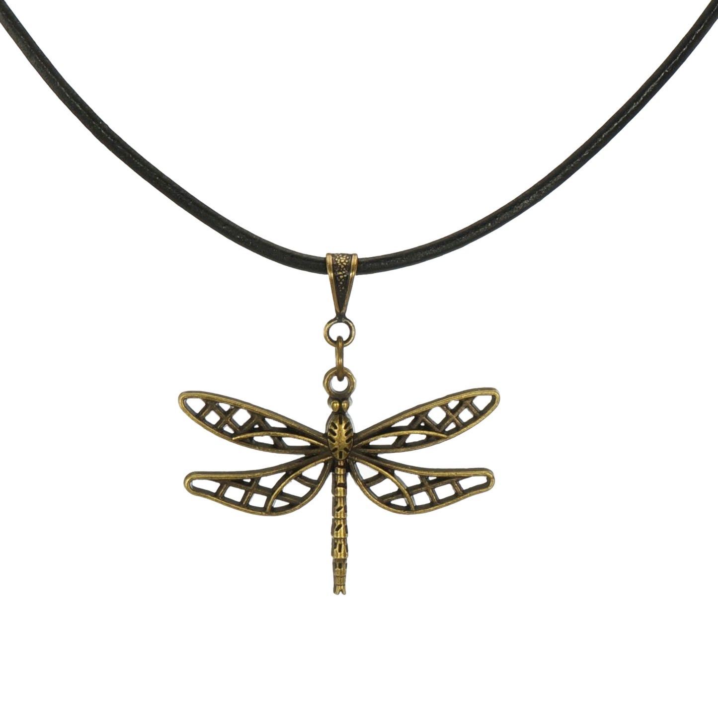 Cute Bronze Dragonfly Pendant, Black Leather Cord Boho Necklace, 16, 18 or 20 Inch.  Gift for Her