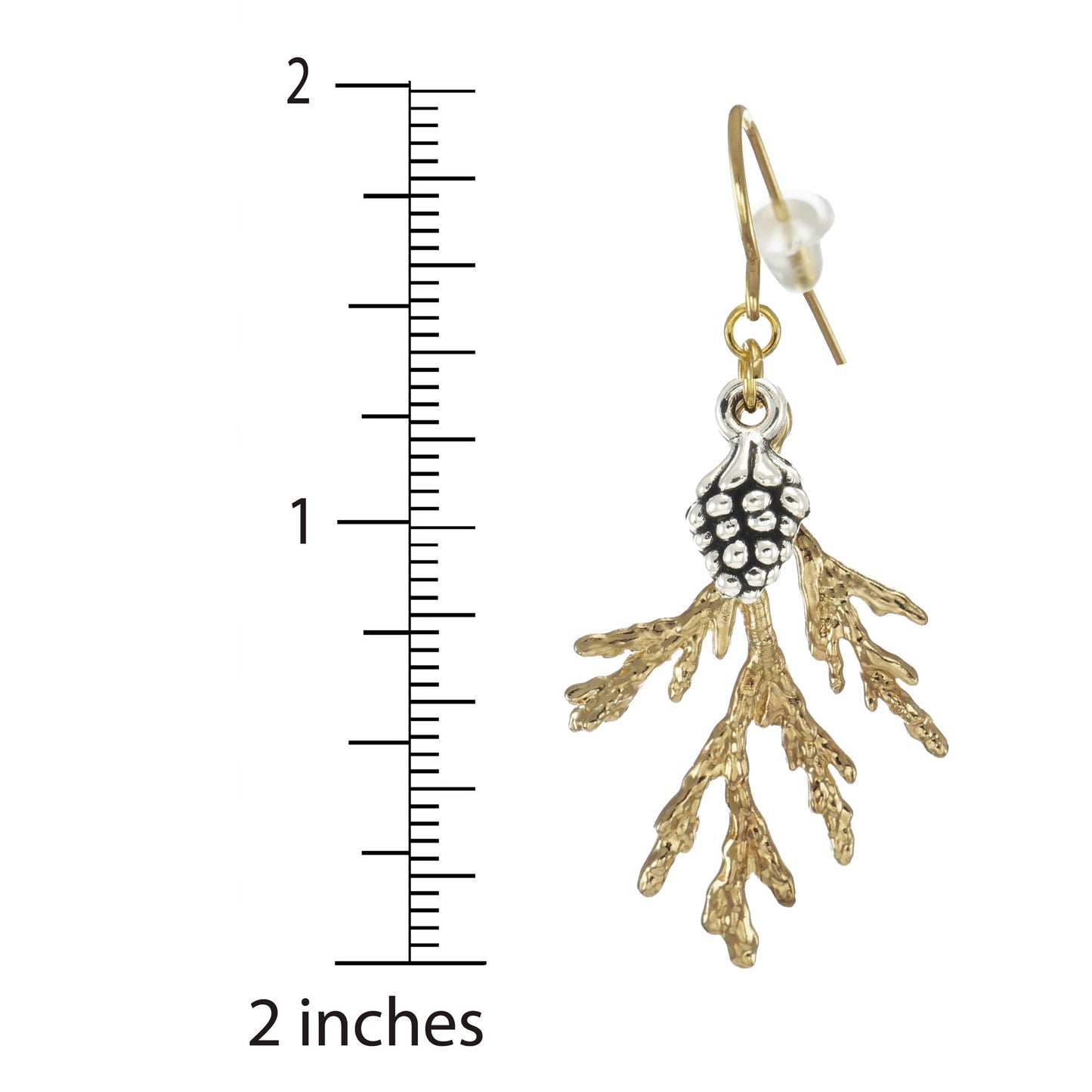 Silver Pinecone and Gold Cedar Branch Earrings, Hypoallergenic 18K Gold Ear Wires, Gift for Her