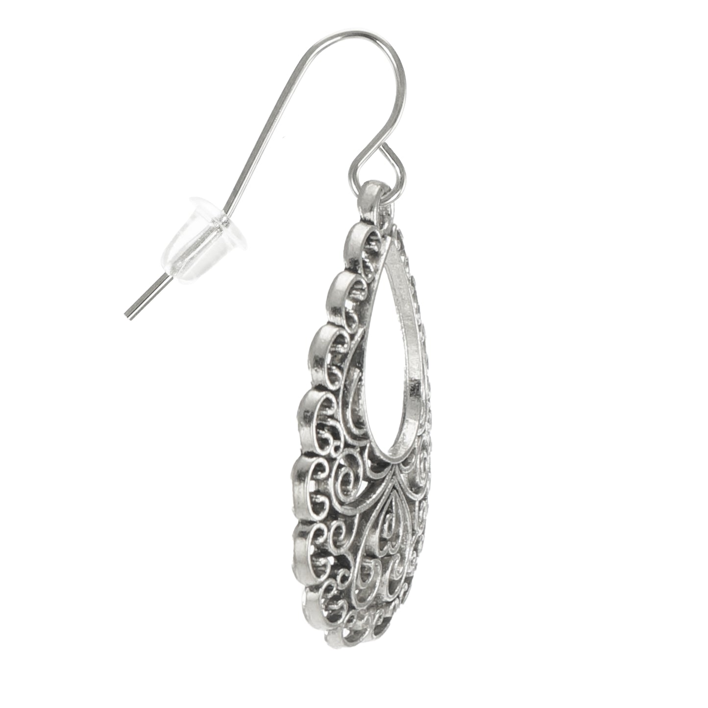 Antique Silver Filigree Teardrop Boho Droplet Dangle Earrings, Platinum Ear Wires, Gift for Her