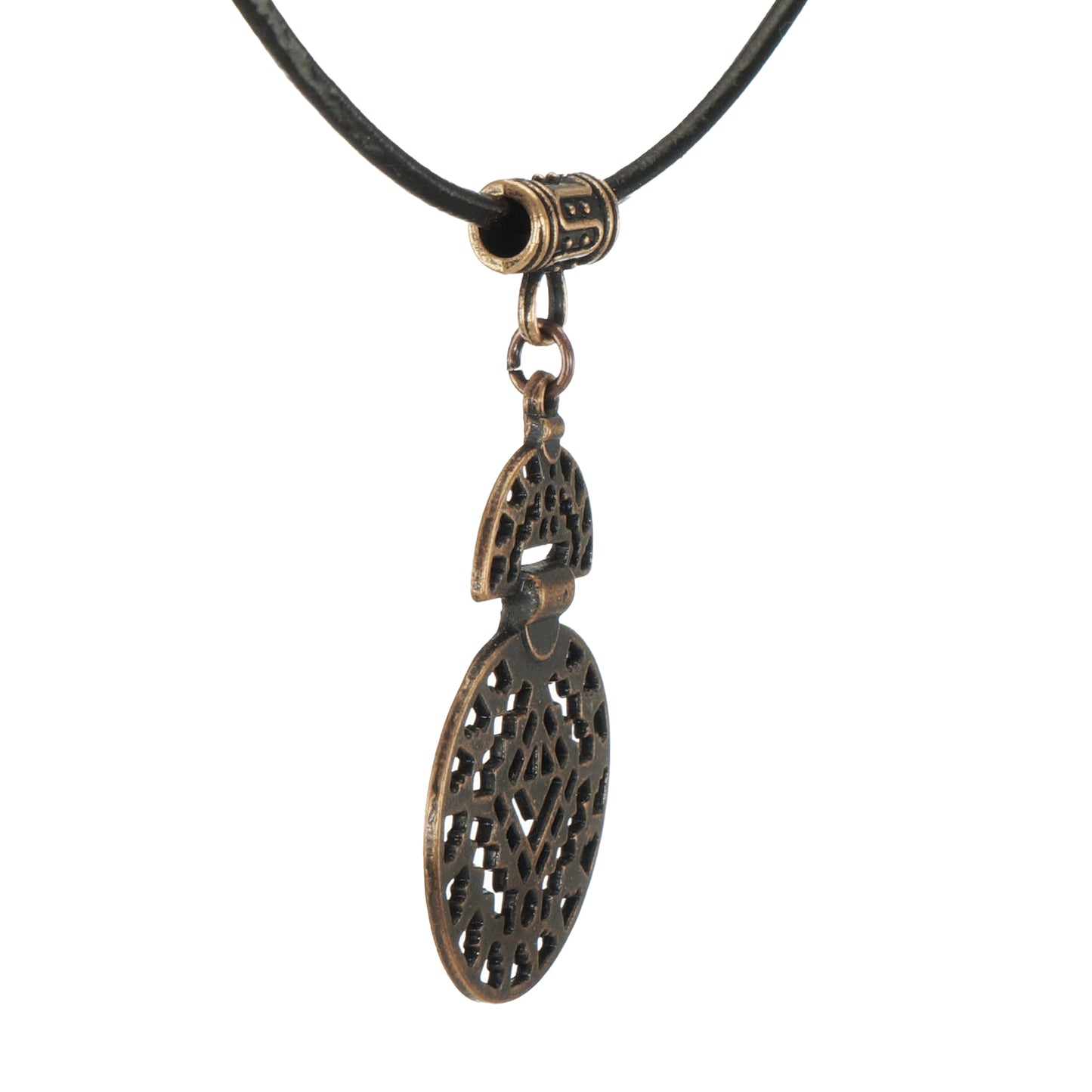 Unisex Abstract Copper Aztec Inspired Boho Pendant, Black Leather Cord Necklace, Length Choices, Gift for Him or Her