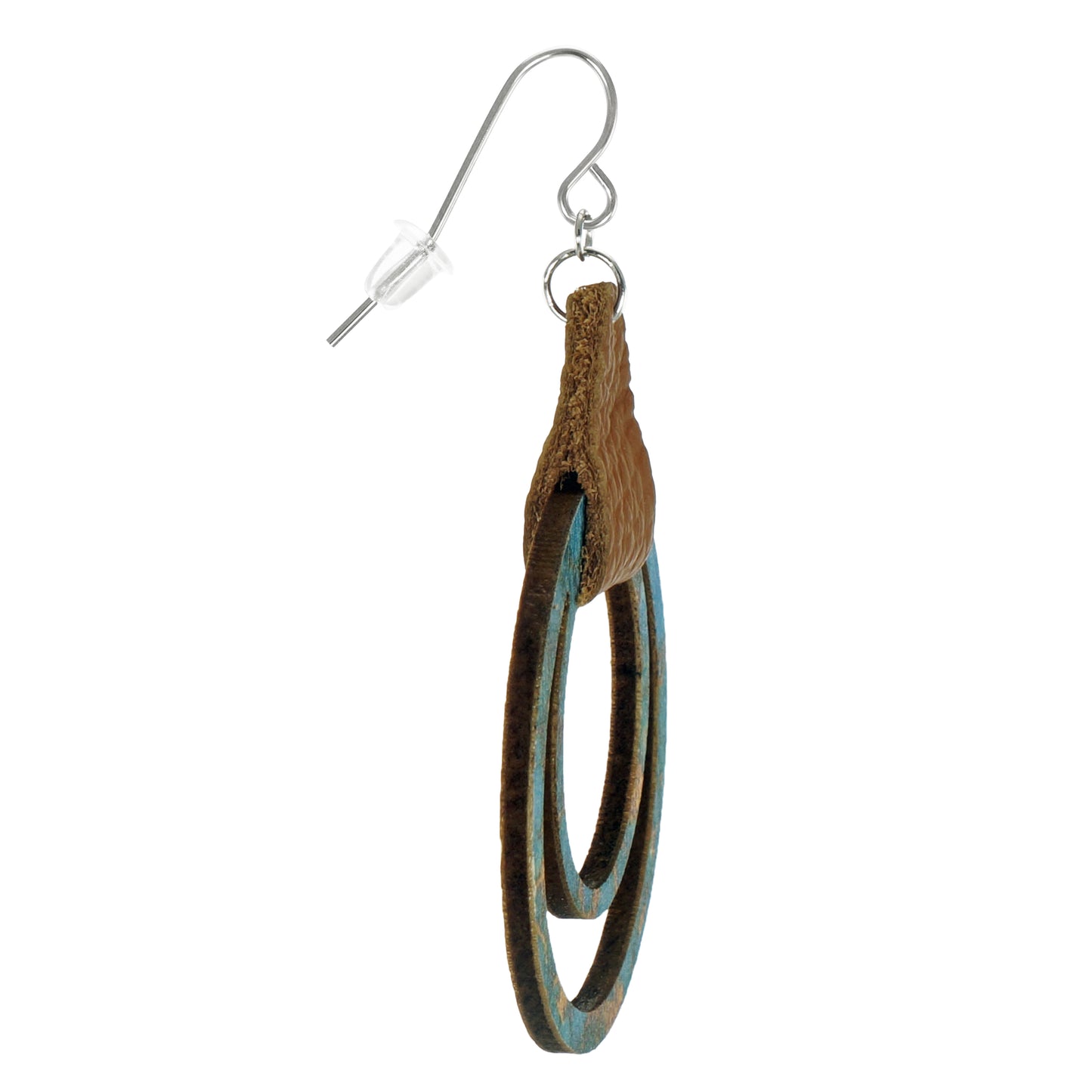 Lightweight Blue and Brown Vegan Leather Double Hoop Boho Statement Earrings, Hypoallergenic Platinum Ear Wires, Gift for Her