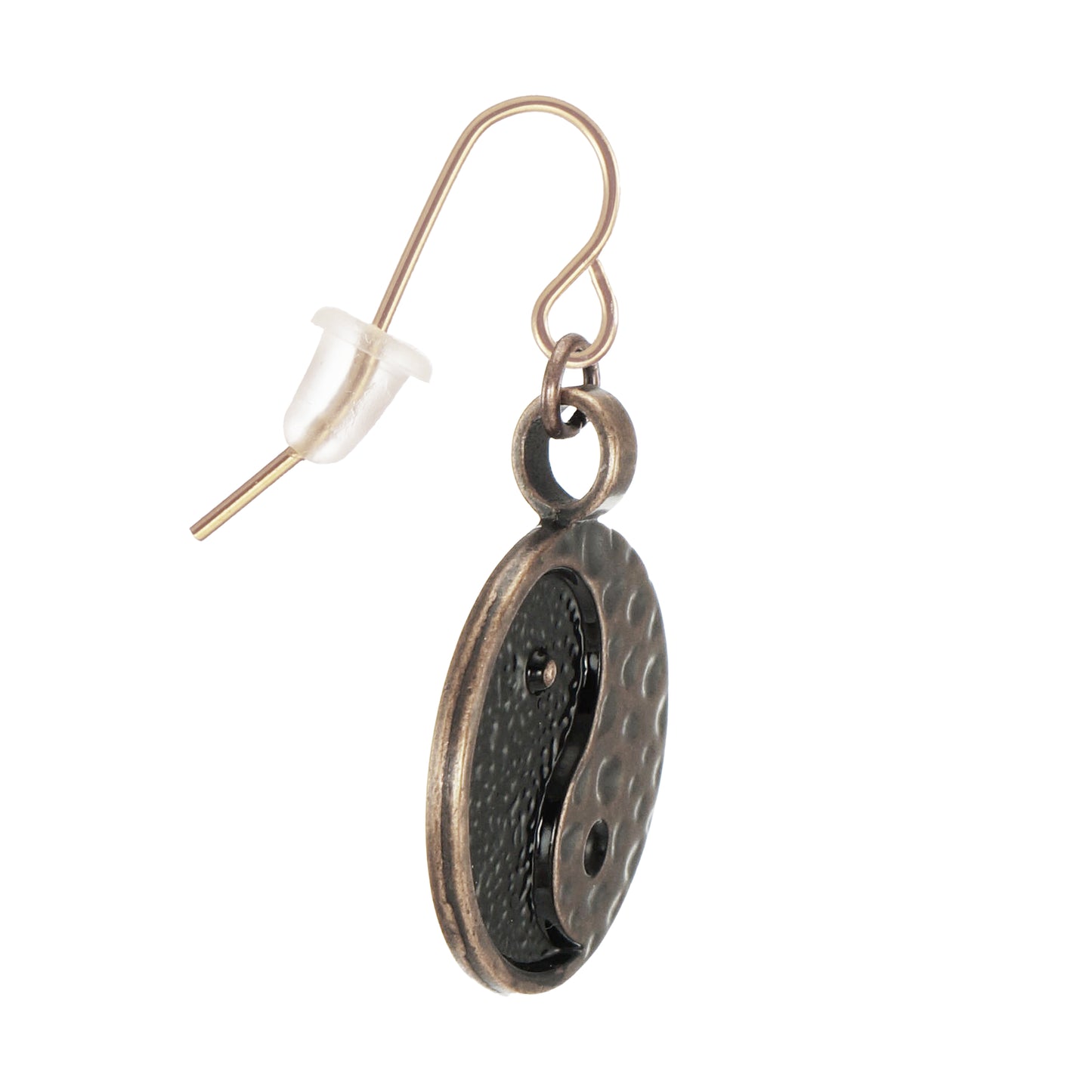 Yin Yang Dangle Earrings, Black and Hammered Copper, Hypoallergenic Rose Gold Ear Wires, Gift for Her