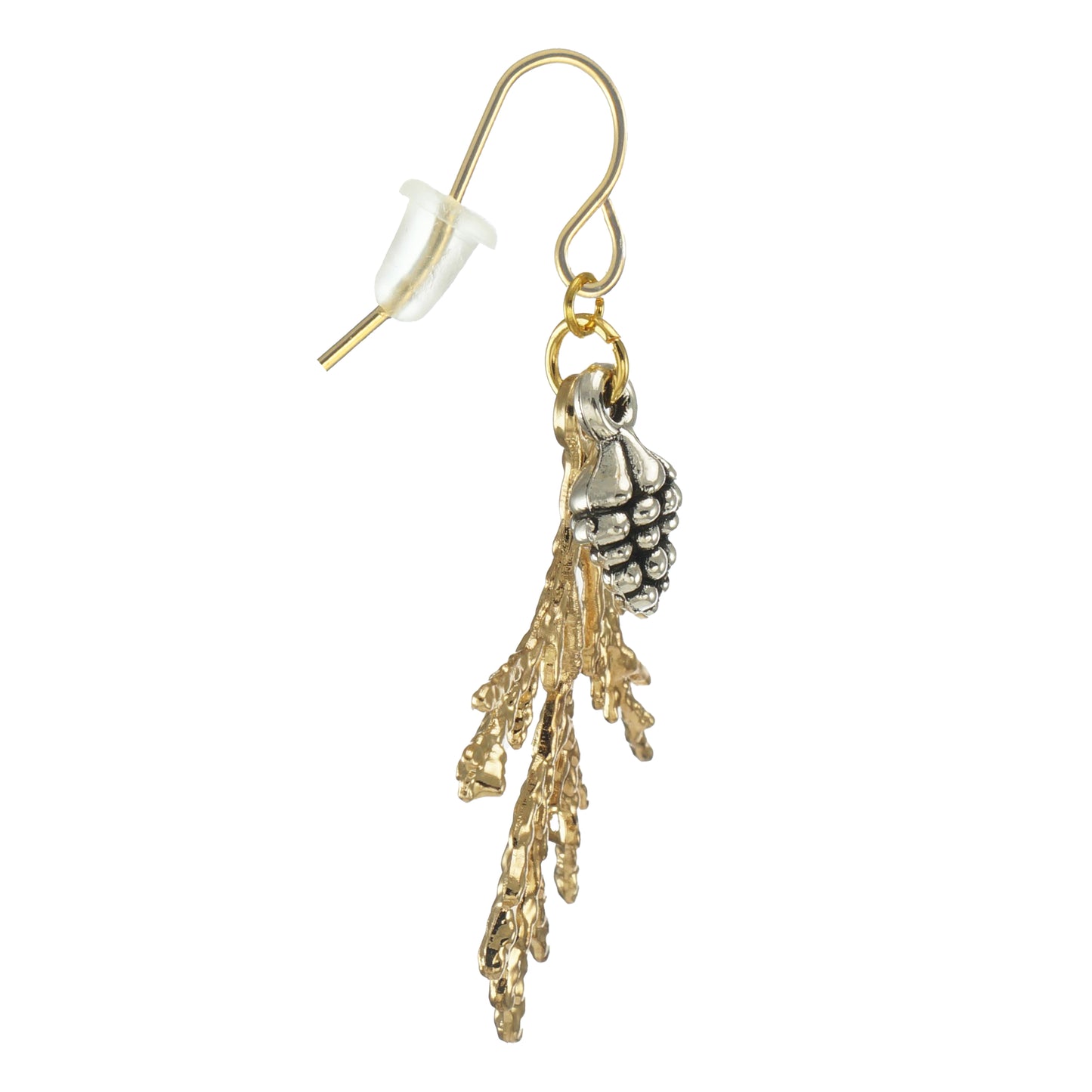Silver Pinecone and Gold Cedar Branch Earrings, Hypoallergenic 18K Gold Ear Wires, Gift for Her