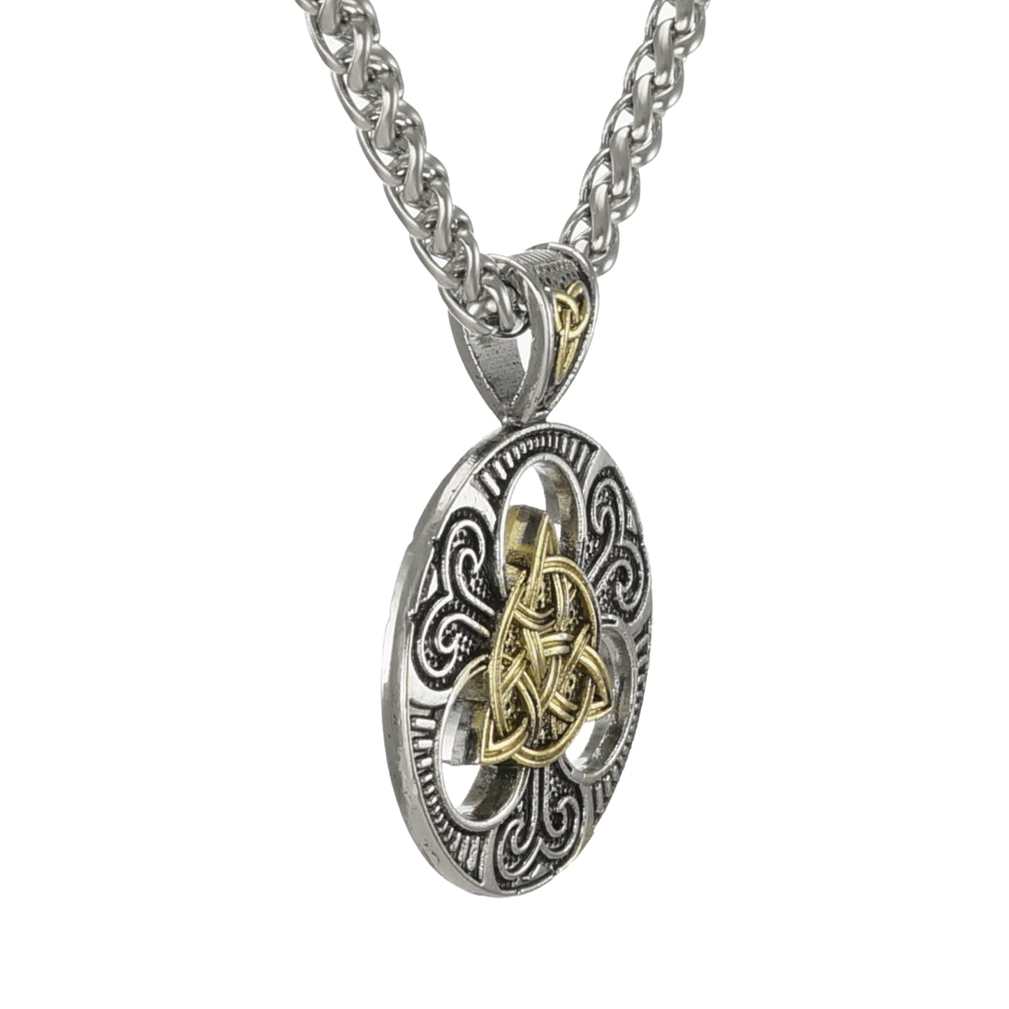 Masculine Gold & Silver Celtic Triquetra Trinity Knot Statement Pendant Necklace, Bold Thick Solid Stainless Steel Wheat Chain, 20 Inch, Gift for Him