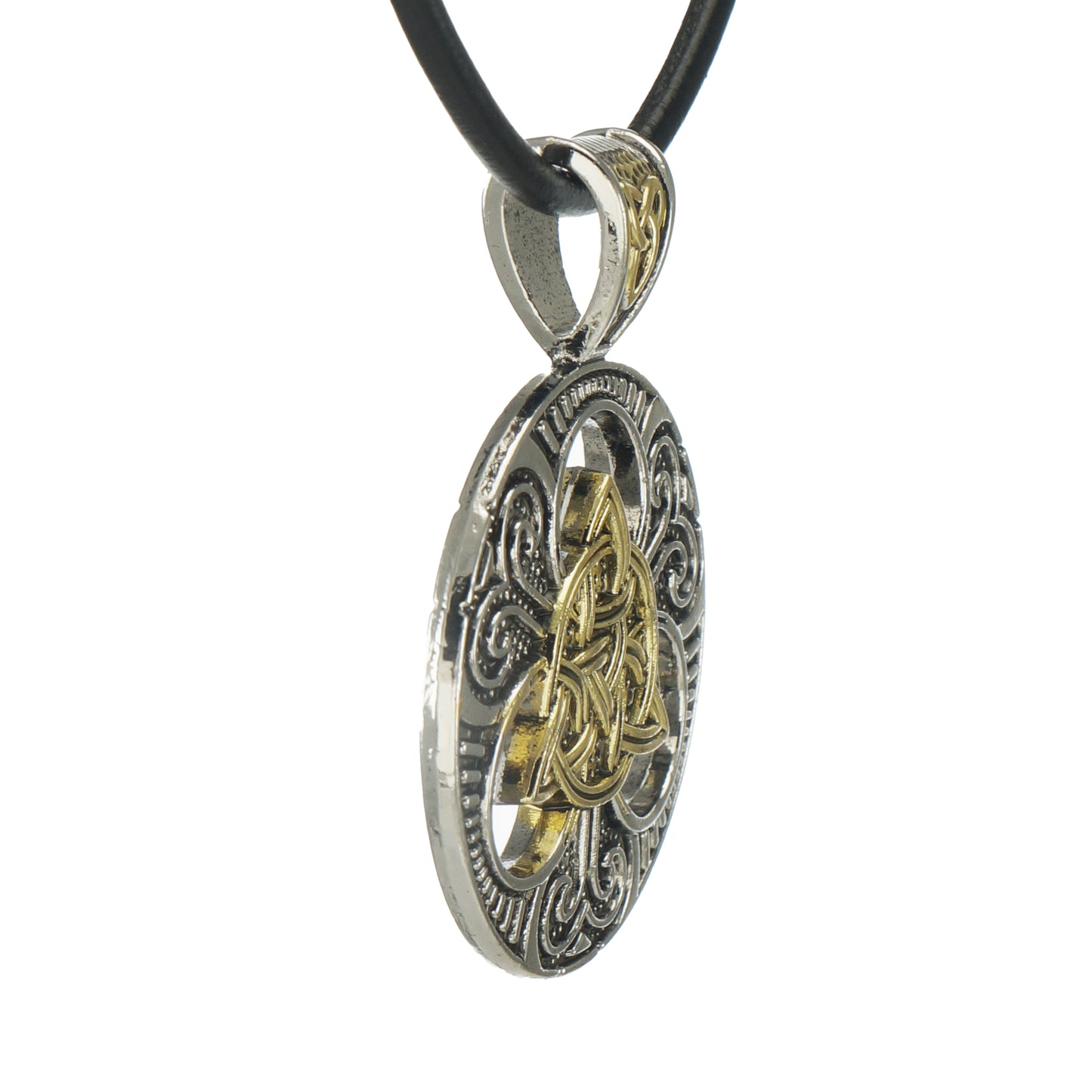 Gold & Silver Celtic Trinity Knot Statement Pendant Leather Cord Necklace on Black Greek Leather, Unisex Jewelry, Length Choices