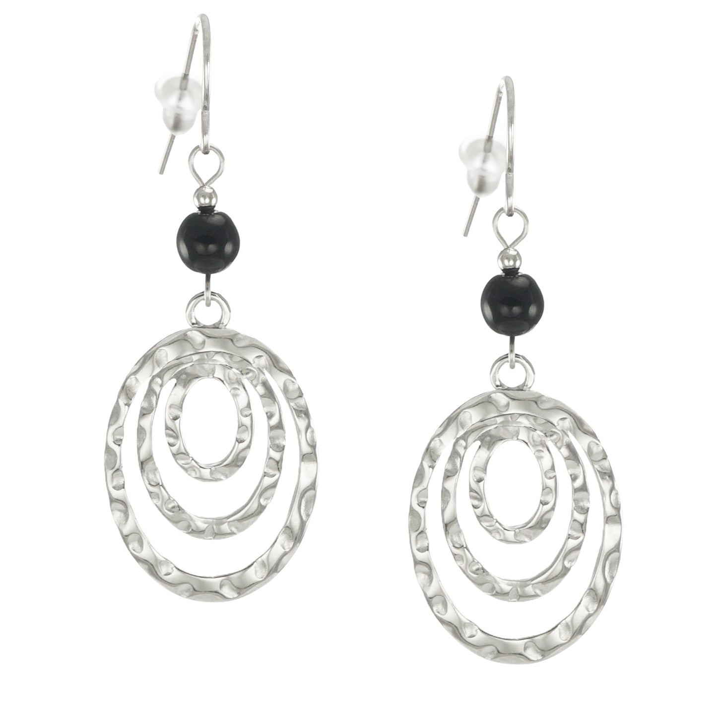 Silver Oval Hammered Drops with Black Beads, Lightweight Boho Statement Earrings, Hypoallergenic Ear Wires, Gift for Her