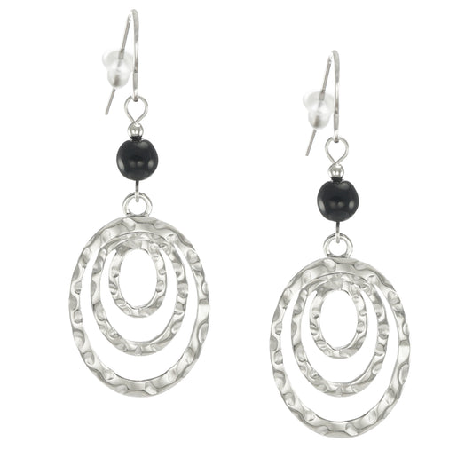 Silver Oval Hammered Drops with Black Beads, Lightweight Boho Statement Earrings, Hypoallergenic Ear Wires, Gift for Her