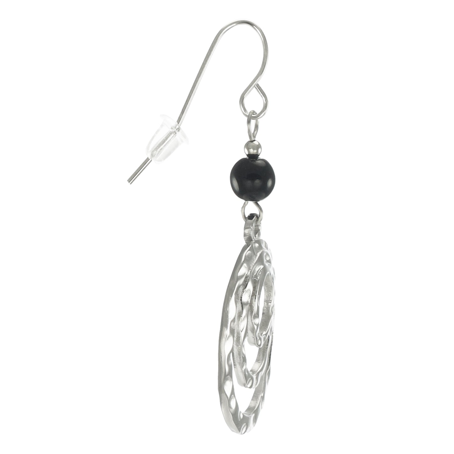 Silver Oval Hammered Drops with Black Beads, Lightweight Boho Statement Earrings, Hypoallergenic Ear Wires, Gift for Her