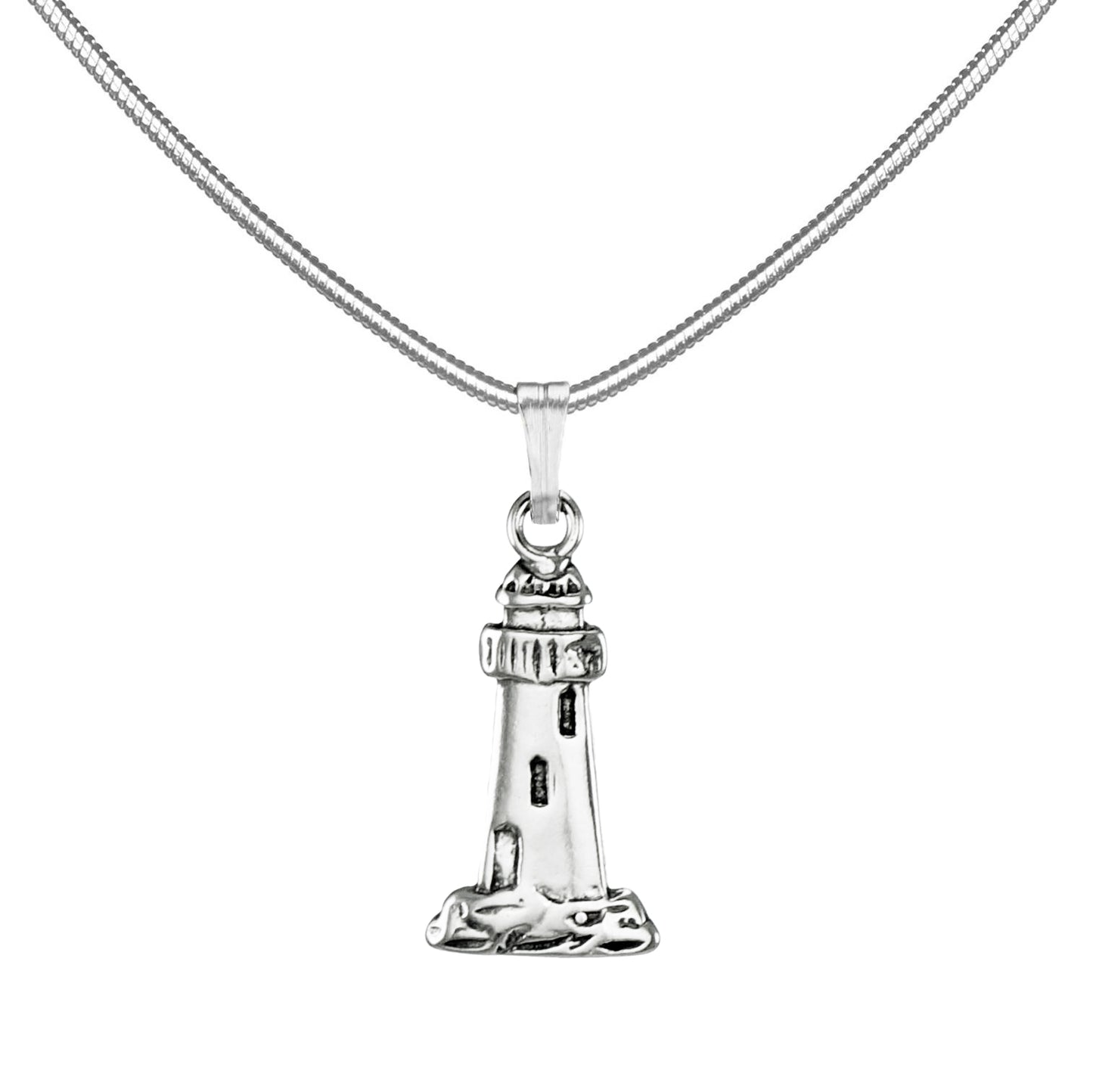 Small and Dainty Sterling Silver Lighthouse Charm, Stainless Steel Snake Chain Necklace, Gift for Her