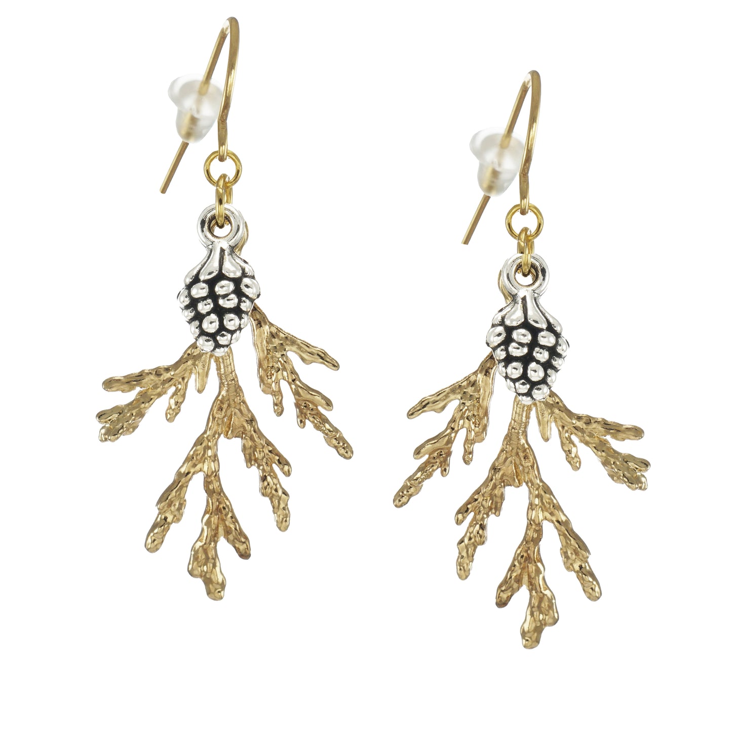 Silver Pinecone and Gold Cedar Branch Earrings, Hypoallergenic 18K Gold Ear Wires, Gift for Her