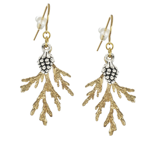 Silver Pinecone and Gold Cedar Branch Earrings, Hypoallergenic 18K Gold Ear Wires, Gift for Her