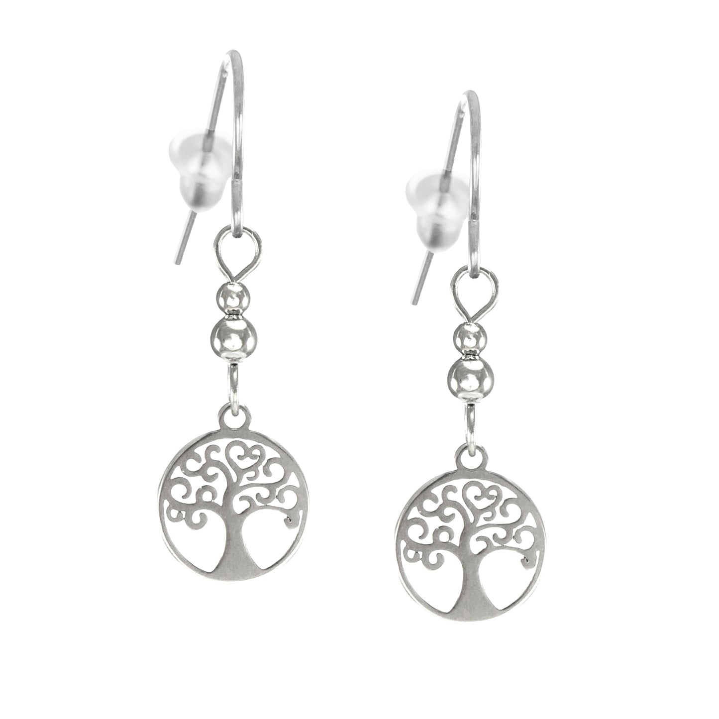 Cute Little Stainless Steel Tree of Life Earrings, Hypoallergenic Platinum Ear Wires