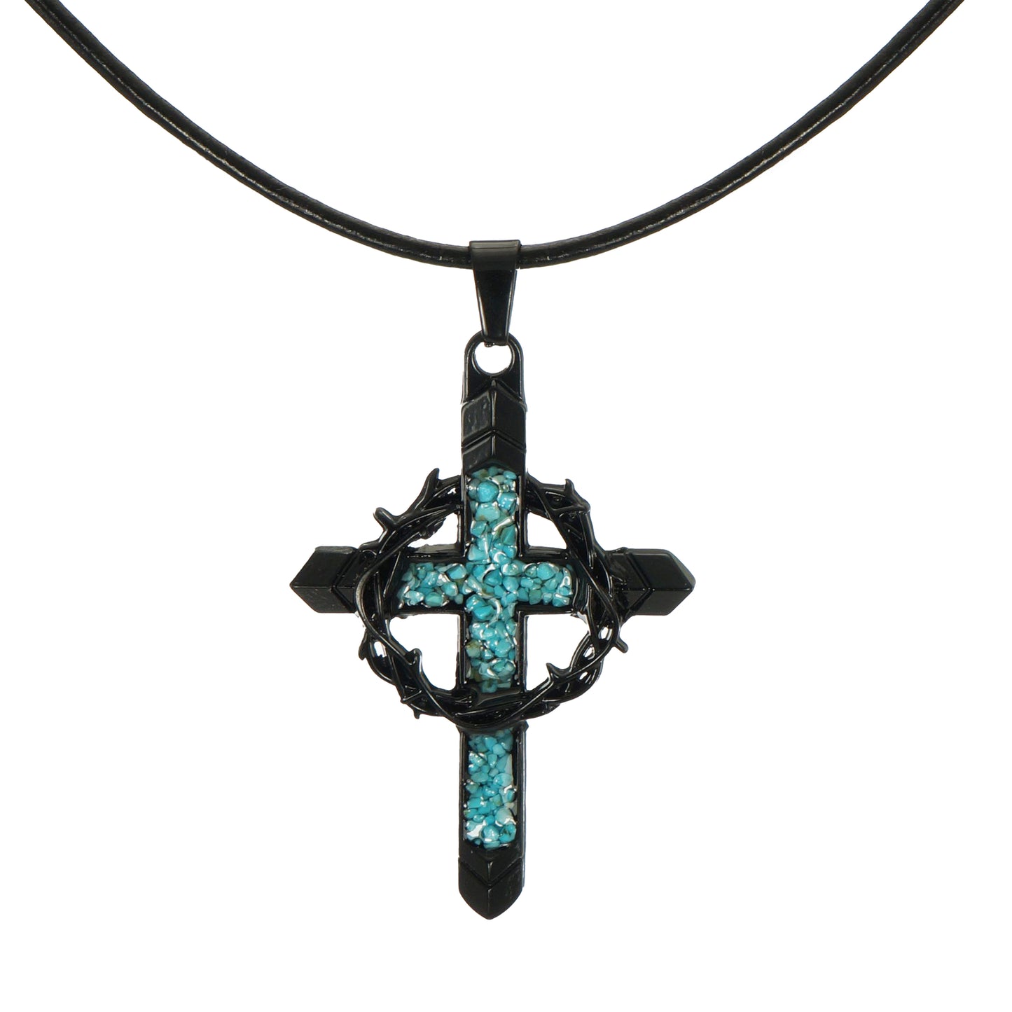 Black Cross & Crown of Thorns Pendant with Turquoise Inlay, Black Leather Cord Necklace, Faith Gift for Him or Her