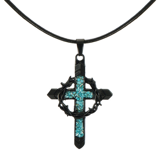 Black Cross & Crown of Thorns Pendant with Turquoise Inlay, Black Leather Cord Necklace, Faith Gift for Him or Her