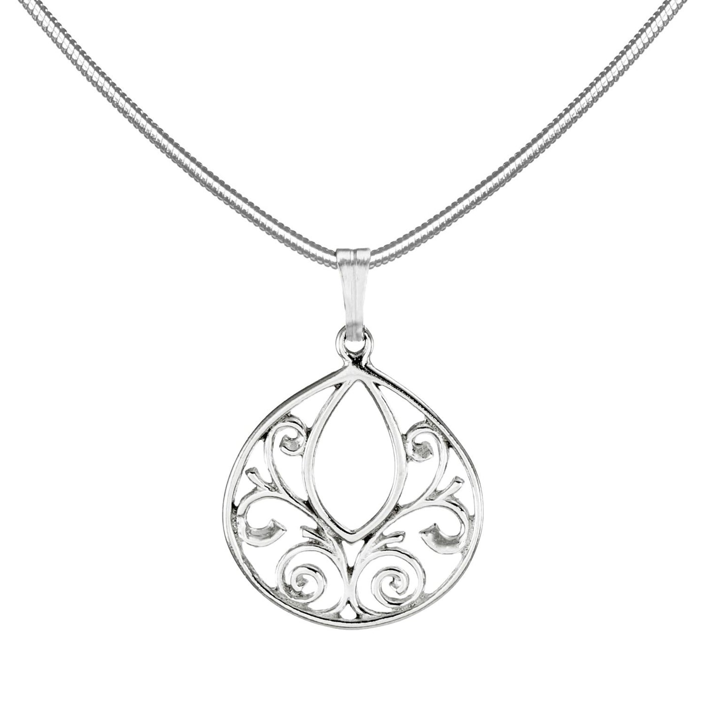 Small and Dainty Minimalist Sterling Filigree Teardrop Swirl Charm, Stainless Steel Snake Chain, Length Choices