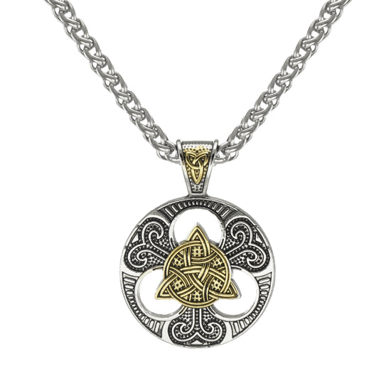 Masculine Gold & Silver Celtic Triquetra Trinity Knot Statement Pendant Necklace, Bold Thick Solid Stainless Steel Wheat Chain, 20 Inch, Gift for Him