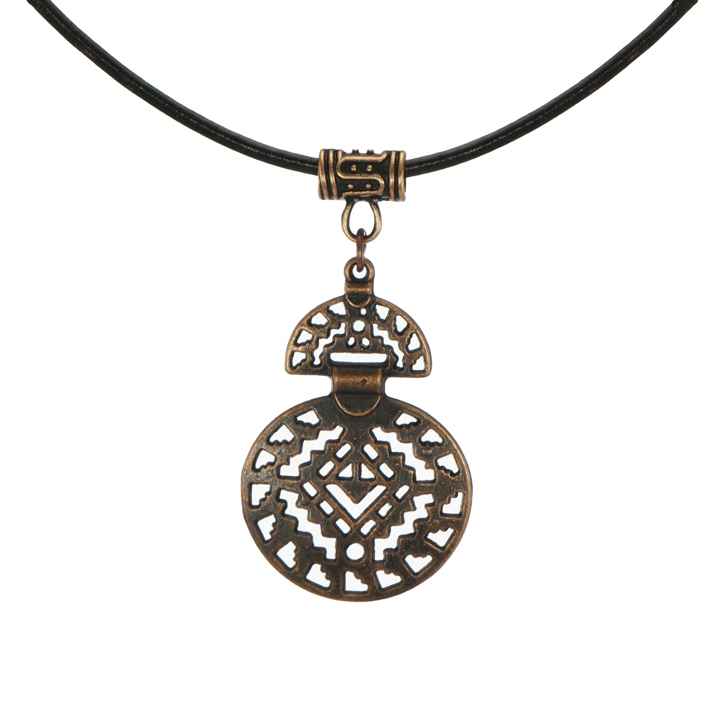 Unisex Abstract Copper Aztec Inspired Boho Pendant, Black Leather Cord Necklace, Length Choices, Gift for Him or Her