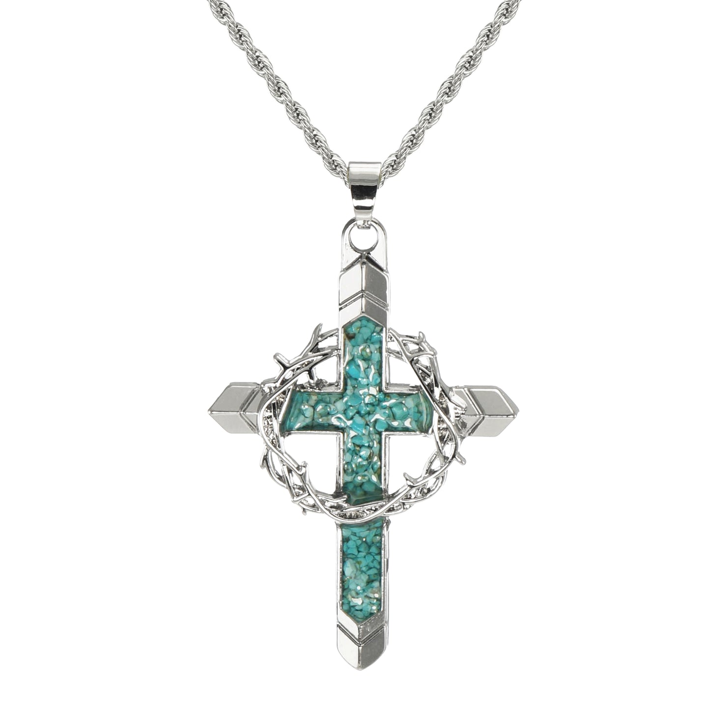 Silver Cross & Crown of Thorns Pendant with Turquoise Inlay, 20 Inch Stainless Steel Rope Chain Necklace, Faith Gift for Him or Her