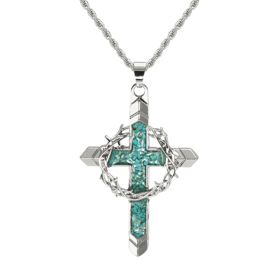 Silver Cross & Crown of Thorns Pendant with Turquoise Inlay, 20 Inch Stainless Steel Rope Chain Necklace, Faith Gift for Him or Her