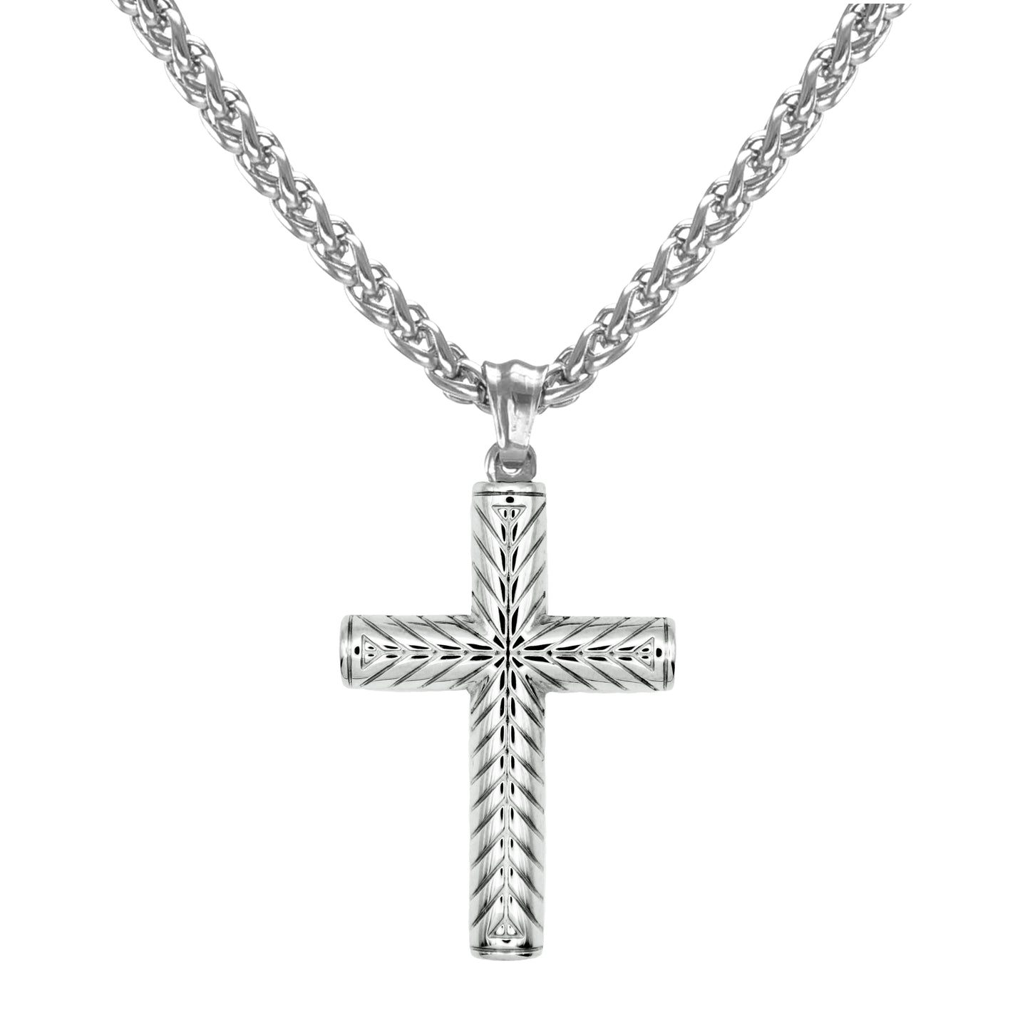 Masculine Silver Cross Statement Pendant Necklace, Bold Thick Solid Stainless Steel Wheat Chain, 20 Inch, Gift for Him
