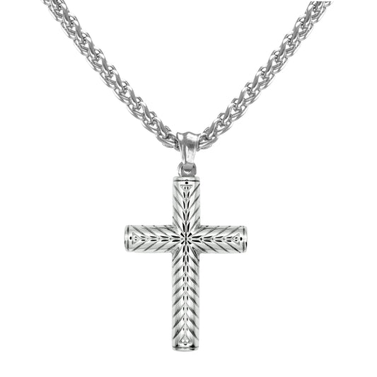 Masculine Silver Cross Statement Pendant Necklace, Bold Thick Solid Stainless Steel Wheat Chain, 20 Inch, Gift for Him