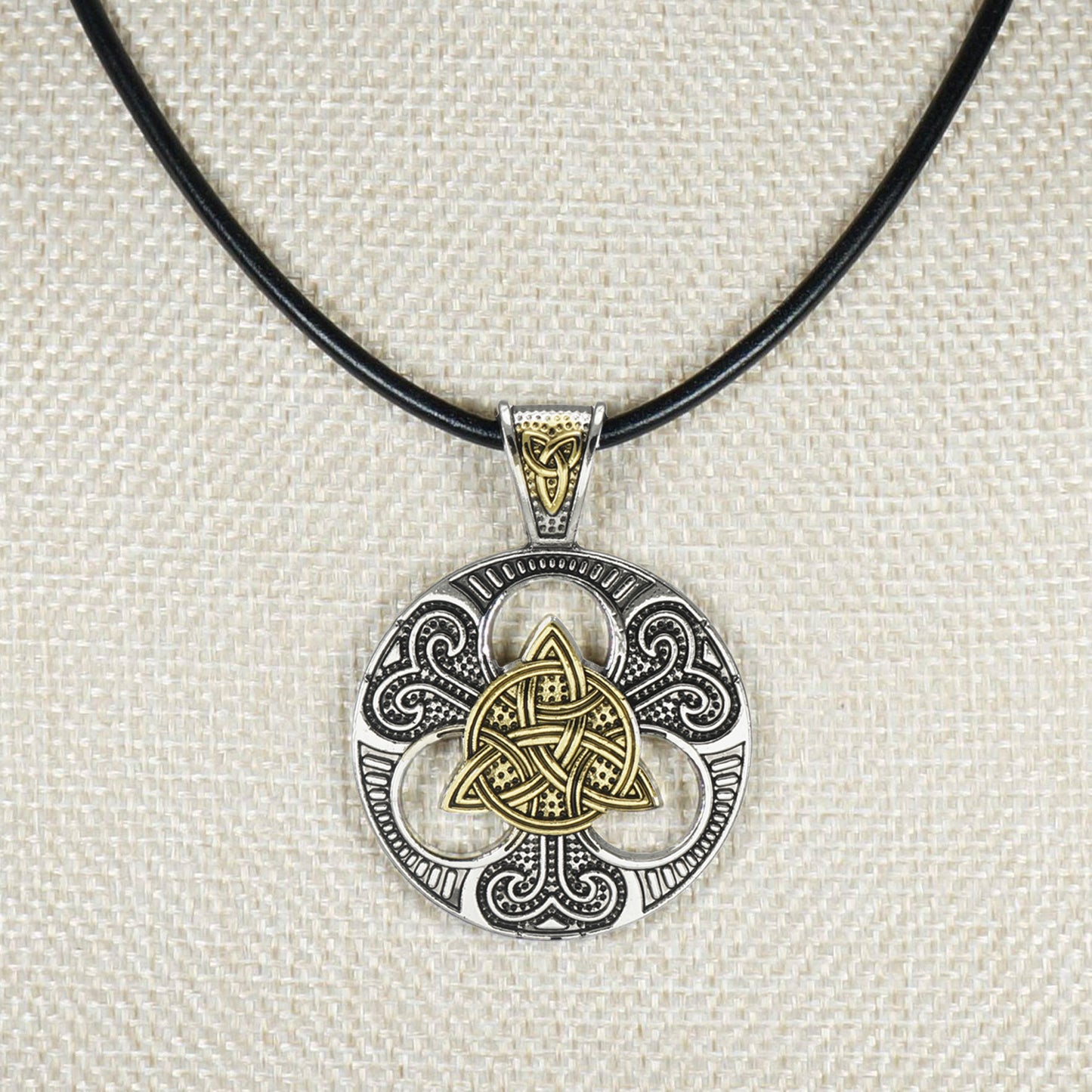 Gold & Silver Celtic Trinity Knot Statement Pendant Leather Cord Necklace on Black Greek Leather, Unisex Jewelry, Length Choices
