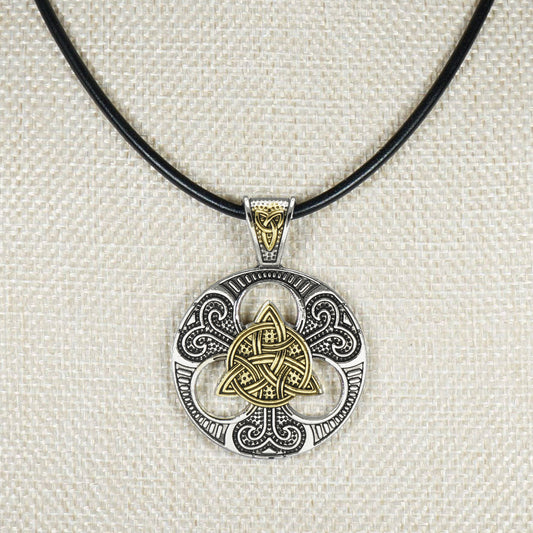Gold & Silver Celtic Trinity Knot Statement Pendant Leather Cord Necklace on Black Greek Leather, Unisex Jewelry, Length Choices