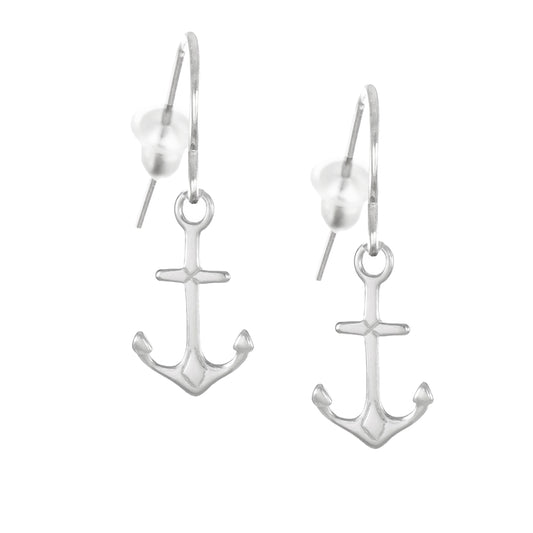 Dainty and Small Sterling Silver Anchor Earrings, Hypoallergenic Platinum Ear Wires