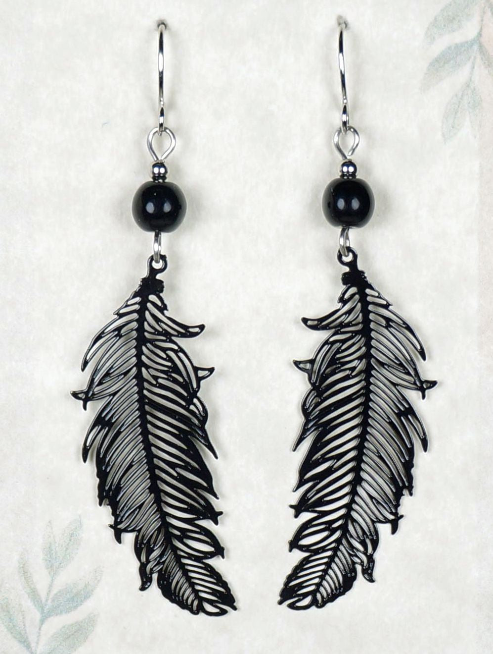 Black Boho Feather Dangle Earrings, Hypoallergenic Platinum Ear Wires, Gift for Her