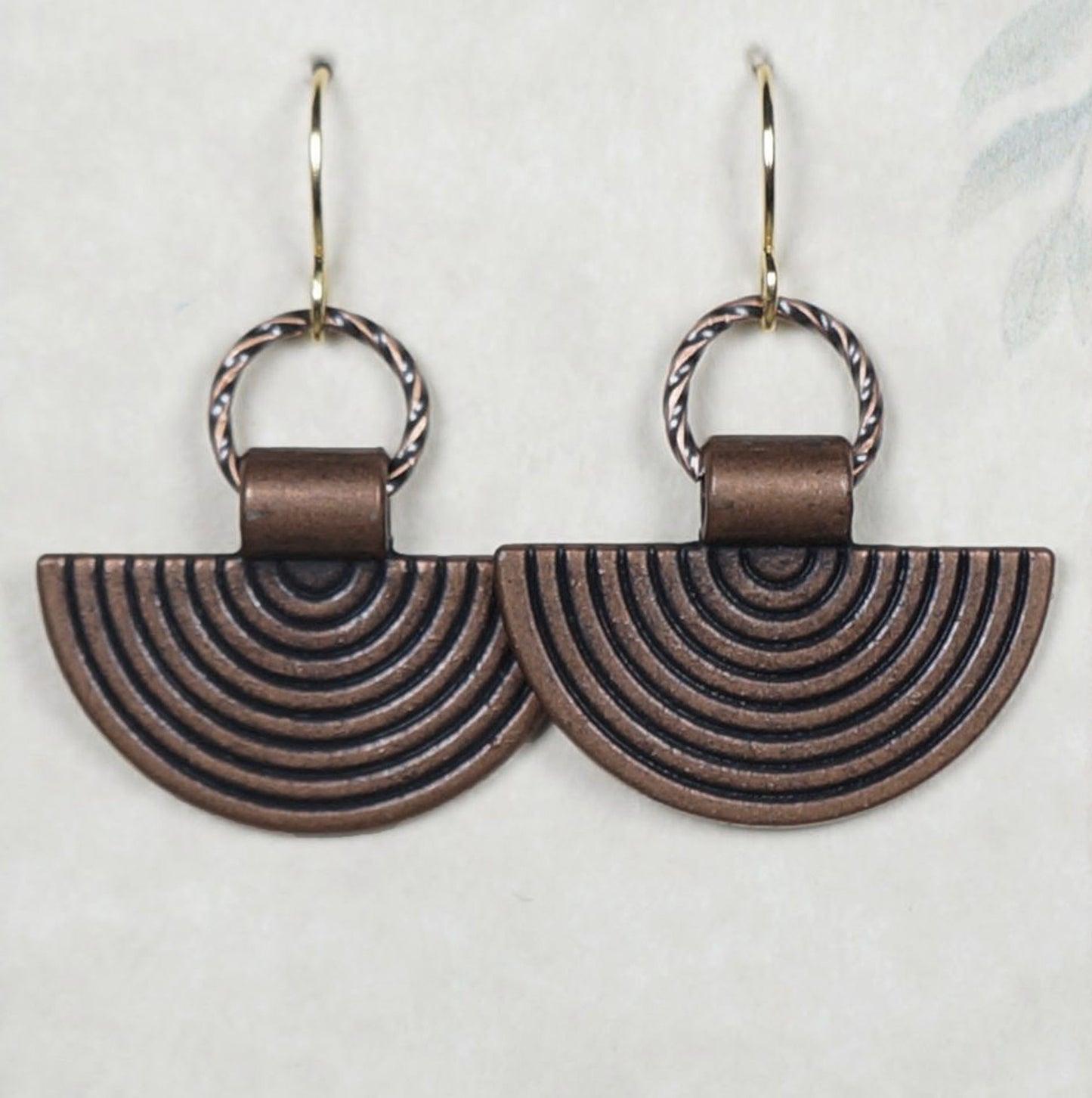 Cute Copper Fan Drop and Twisted Copper Ring Everyday Minimalist Earrings, Hypoallergenic 18K Gold Ear Wires