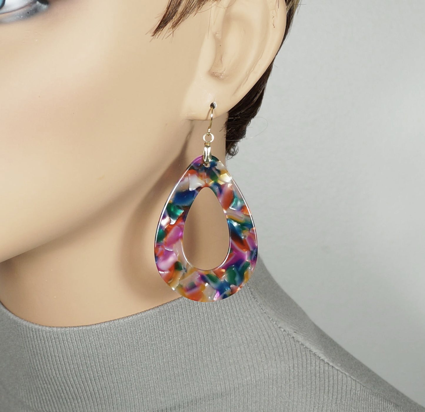 Vibrant Multi Color Confetti Teardrop Lightweight Boho Statement Earrings, Hypoallergenic 18K Gold or Platinum Ear Wires