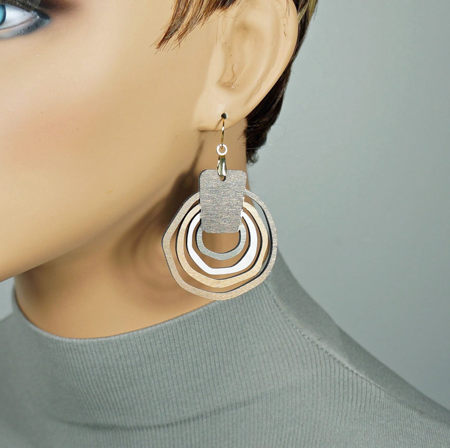 Beautiful Rustic Boho Brown Abstract Hoop Wood and Brushed Gold Statement Dangle Earrings, 18K Gold Ear Wires, Gift for Her