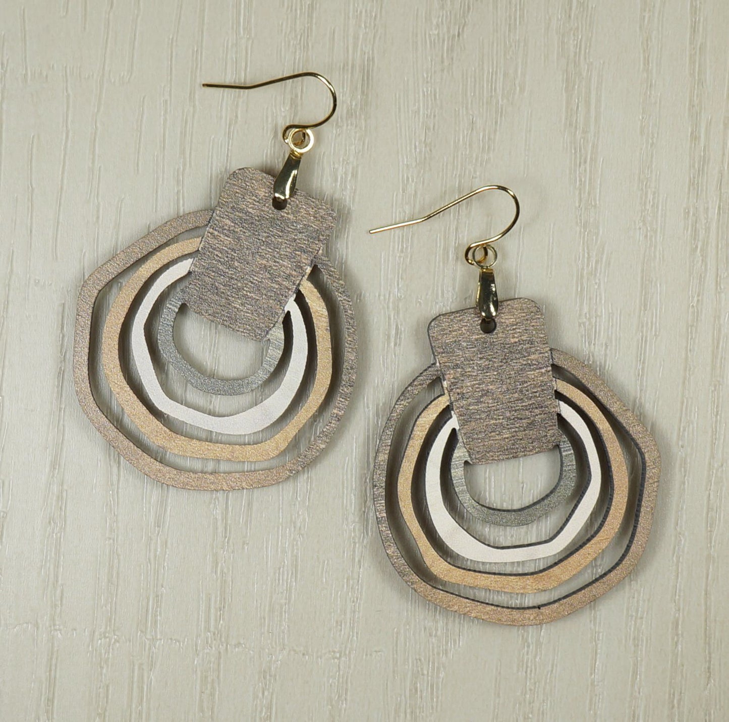 Beautiful Rustic Boho Brown Abstract Hoop Wood and Brushed Gold Statement Dangle Earrings, 18K Gold Ear Wires, Gift for Her