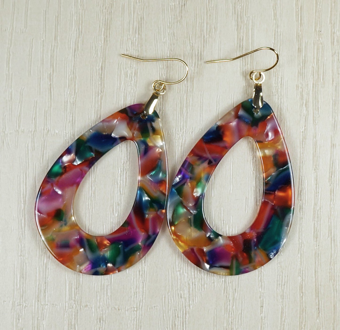 Vibrant Multi Color Confetti Teardrop Lightweight Boho Statement Earrings, Hypoallergenic 18K Gold or Platinum Ear Wires