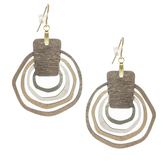 Beautiful Rustic Boho Brown Abstract Hoop Wood and Brushed Gold Statement Dangle Earrings, 18K Gold Ear Wires, Gift for Her