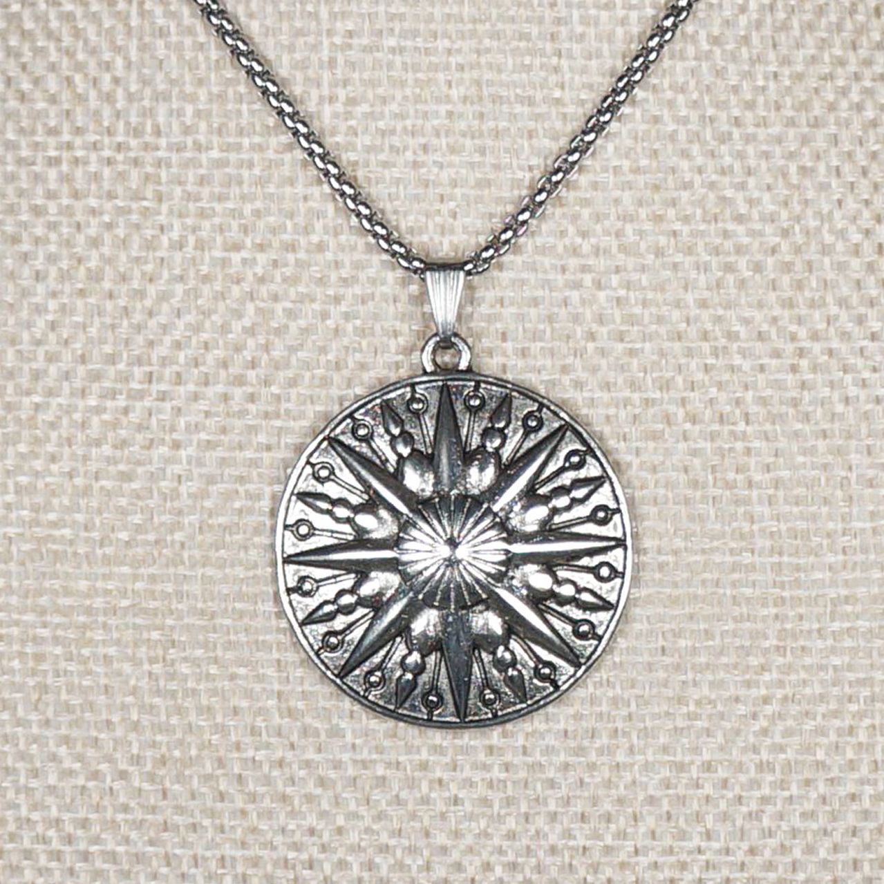 Celestial Boho Silver Sun Pendant, Stainless Steel Chain Necklace, Length Choices