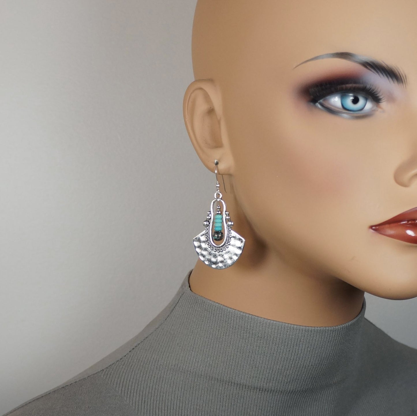 Rustic Silver and Turquoise Boho Ethnic Dangle Earrings, .925 Sterling Silver Ear Wires