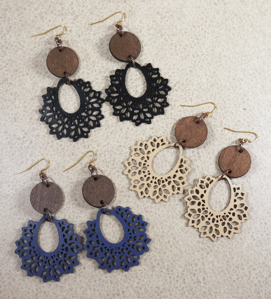 Brown Wood & Vegan Leather Filigree Lightweight Boho Statement Earrings, Choice of Color, 18K Gold Ear Wires