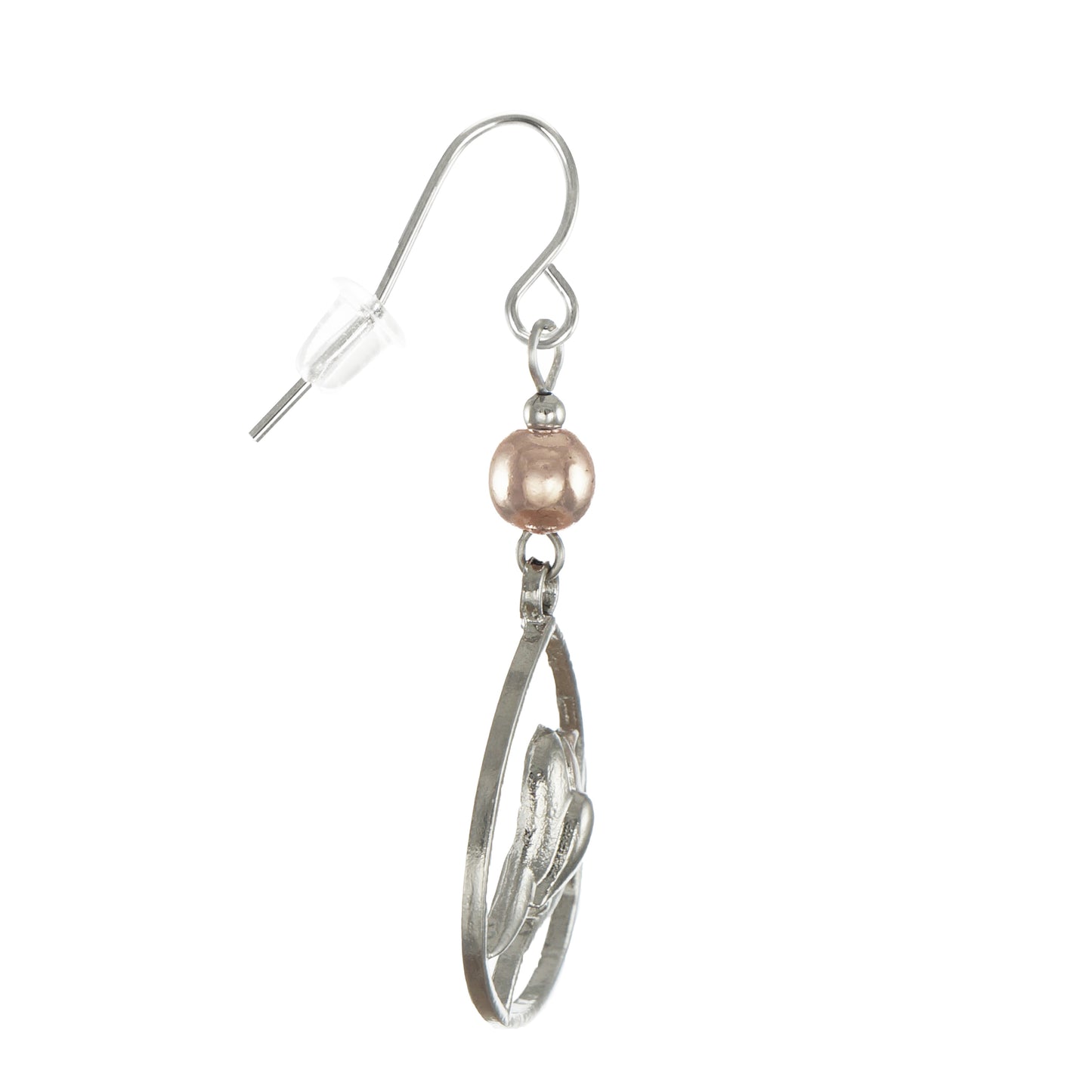 Silver Bird Branch Teardrop and Rose Gold Minimalist Beaded Dangle Earrings, Platinum Ear Wires