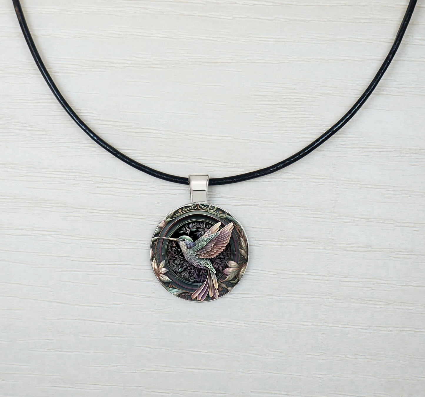Intricate Highly Detailed 2-D Hummingbird Pendant Black Leather Cord Necklace, Length Choices, Gift for Her