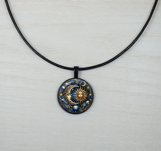 Blue Highly Detailed Sun Goddess & Moon Pendant Leather Cord Statement Necklace, Color and Length Choices