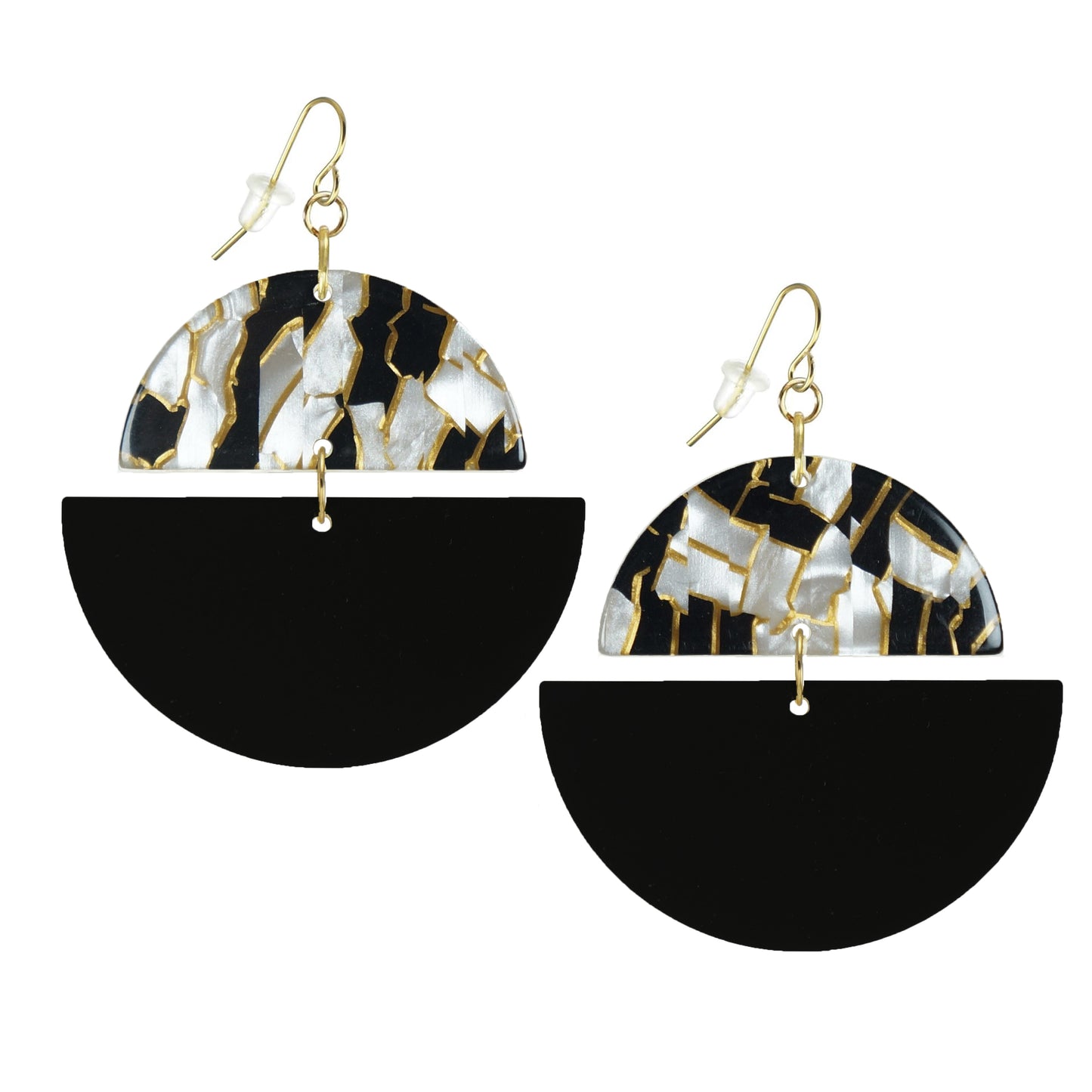 Double Half Moon Black and Colored Acrylic Boho Hoop Statement Earrings, 18K Gold Ear Wires
