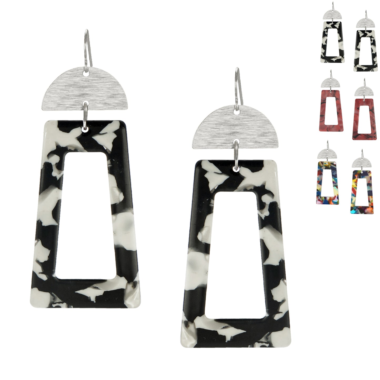 Vibrant Confetti Rectangle & Brushed Half Moon Boho Statement Earrings, Platinum Wires, Color Choice