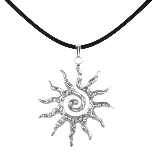 Celestial Hammered Silver Boho Sun Pendant Black Leather Cord Necklace, Length Choices