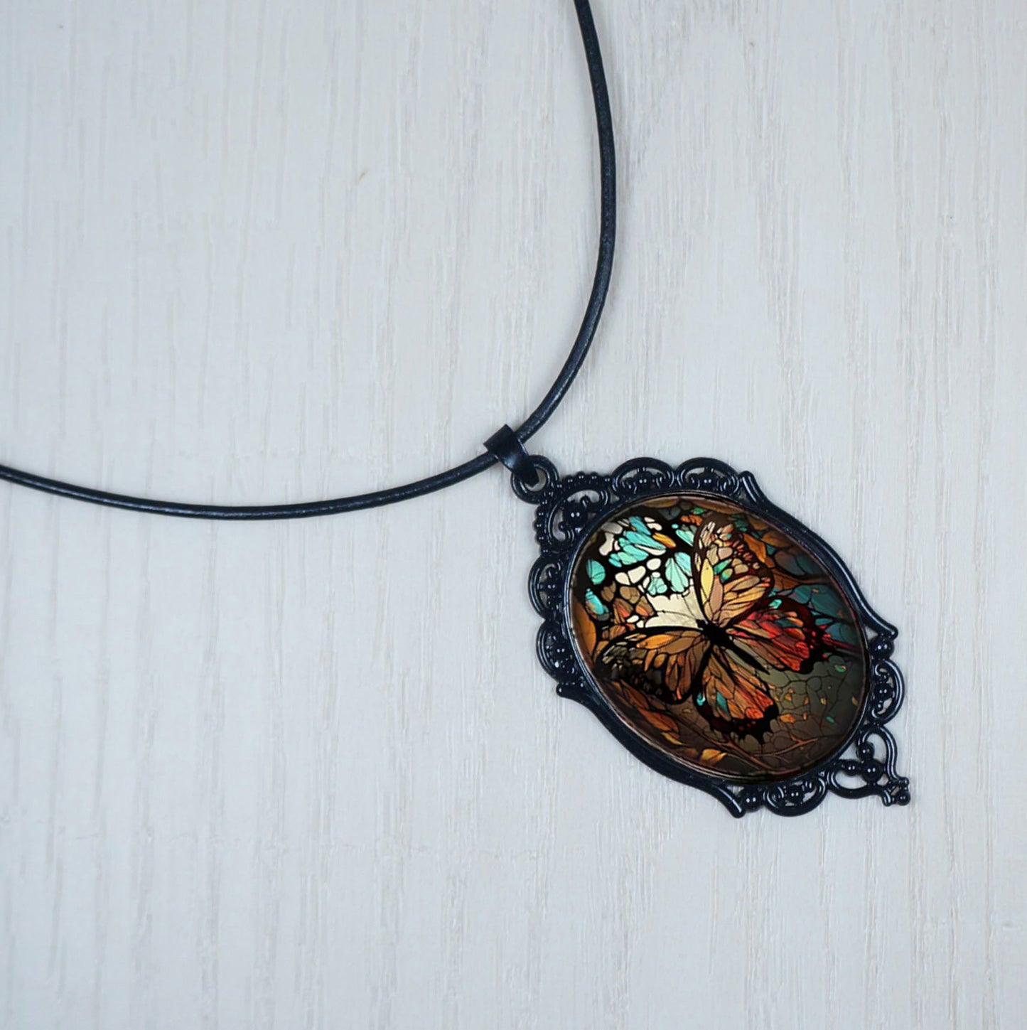 Intricate Highly Detailed Oval 2-D Butterfly Pendant Leather Cord Boho Necklace, Black or Tan Leather, Length Choicesngth Choices, Gift for Her (Copy)